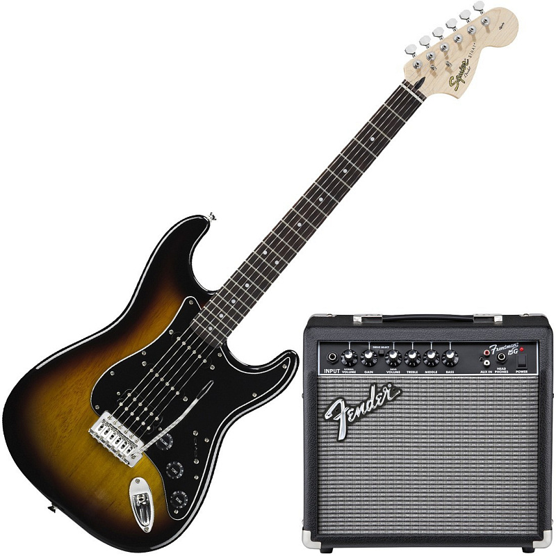Фото FENDER SQUIER AFFINITY STRAT HSS&FRONTMAN® 15G AMP - BROWN SUNBURST- набор: электрогитара и усилитель Frontman® 15G